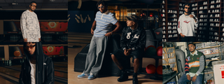 Kollage af fem mænd i forskellige Everlast streetwear-looks og miljøer. Fra venstre ses en mand i lyst camouflagemønstret sæt på en bowlingbane, en i hvid tanktop og camo-shorts, to mænd i stribet polo og sort varsity-jakke i bowlinghal, en i hvid langærmet trøje med rød grafik foran en væg med cd’er, og nederst en i farverig rugbytrøje og guldkæde i et musikfyldt rum. Stemningen er urban og afslappet.