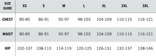 Størrelsesguide i centimetre for tøj i størrelserne XS til 3XL. Tabellen viser mål for bryst (chest), talje (waist) og hofte (hip), f.eks. passer størrelse M til brystmål 92-97 cm, taljemål 92-97 cm og hoftemål 114-119 cm.