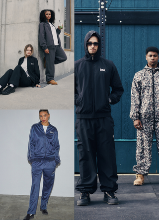 Fire billeder af modeller iført Everlast tracksuits og træningssæt i forskellige farver og designs – fra ensfarvet navy og sort til camouflage og gråtoner, fotograferet i urbane miljøer.
